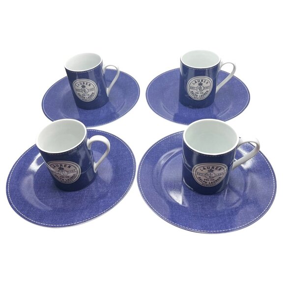 Scarce RARE Lauren RL Bartlett Crest Elegant Mug Plate Set 4 BLU WHT Stoneware - Picture 1 of 10